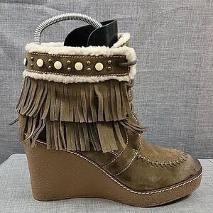 Sam Edelman Kemper Fringe Wedge Tan Suede Moccasin  Booties SZ 9